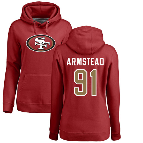 San Francisco 49ers Red Women Arik Armstead Name and Number Logo #91 Pullover NFL Hoodie Sweatshirts->nfl t-shirts->Sports Accessory
